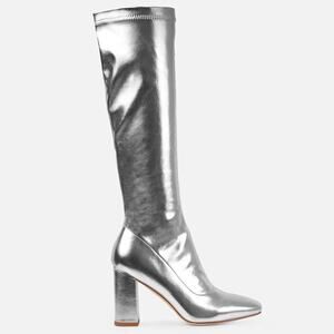 SIMMI LONDON TALULLA SILVER PATENT BLOCK HEEL KNEE HIGH BOOTS